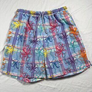 Peter Millar Swim Trunks Mens L Blue Purple Octopus Plaid Preppy Summer Vacation